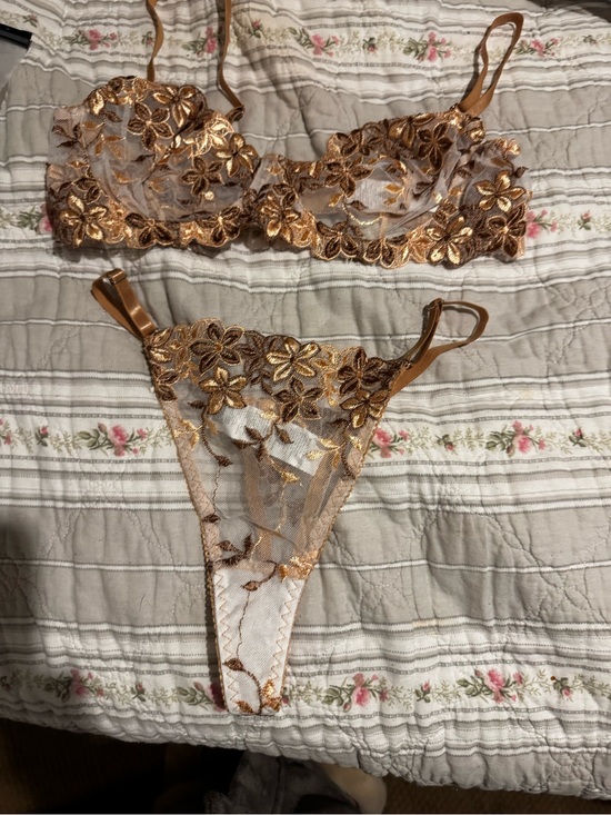 Other - Gold Floral Embroidered Sheer Lace Bra & Thong Set - Women Intimates